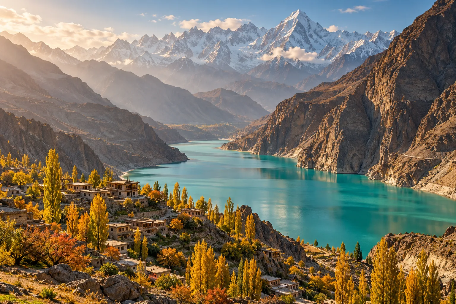 Illustration of a turquoise lake and mountains in northern Pakistan