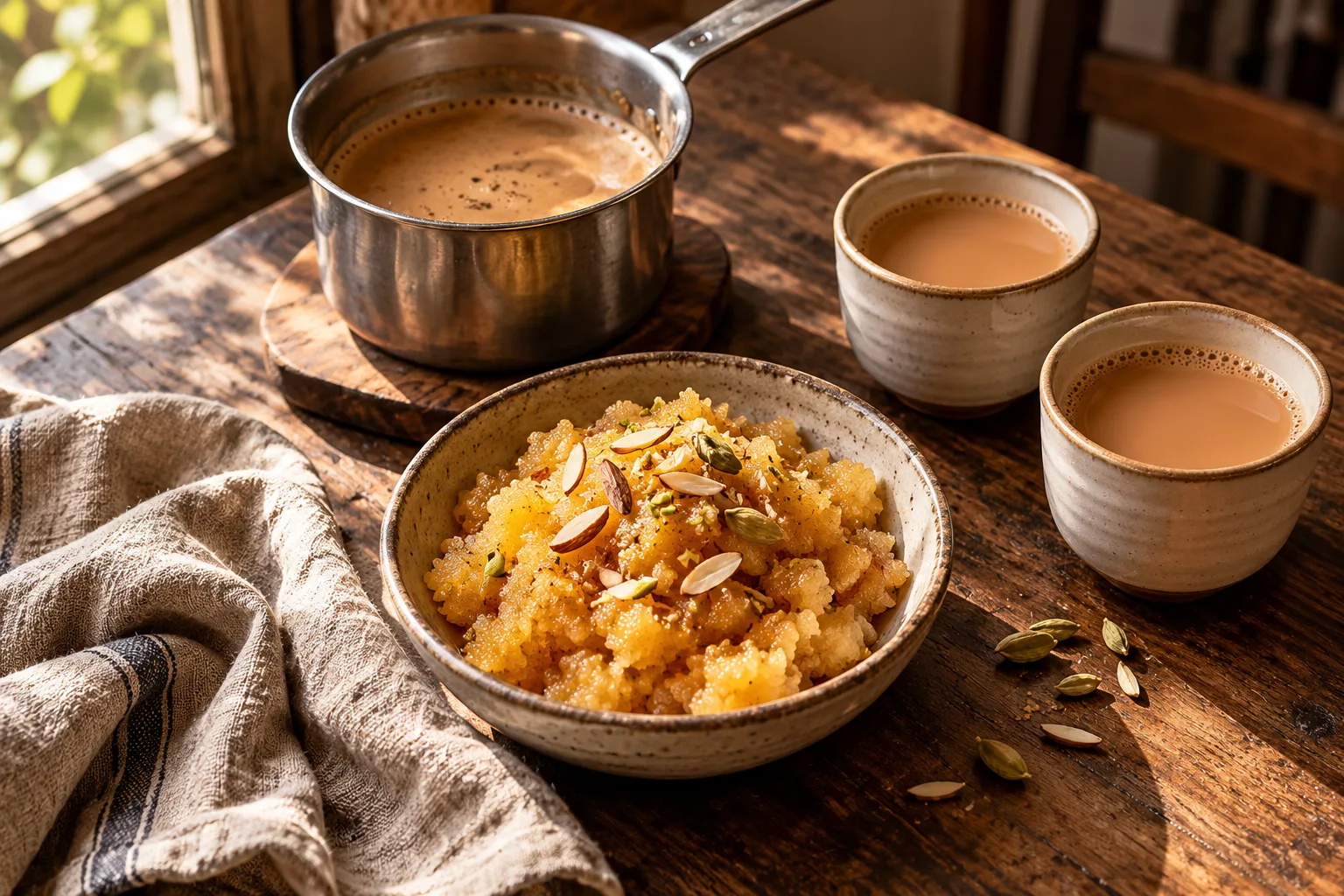 Illustration of milk chai and sooji halwa on a wooden table