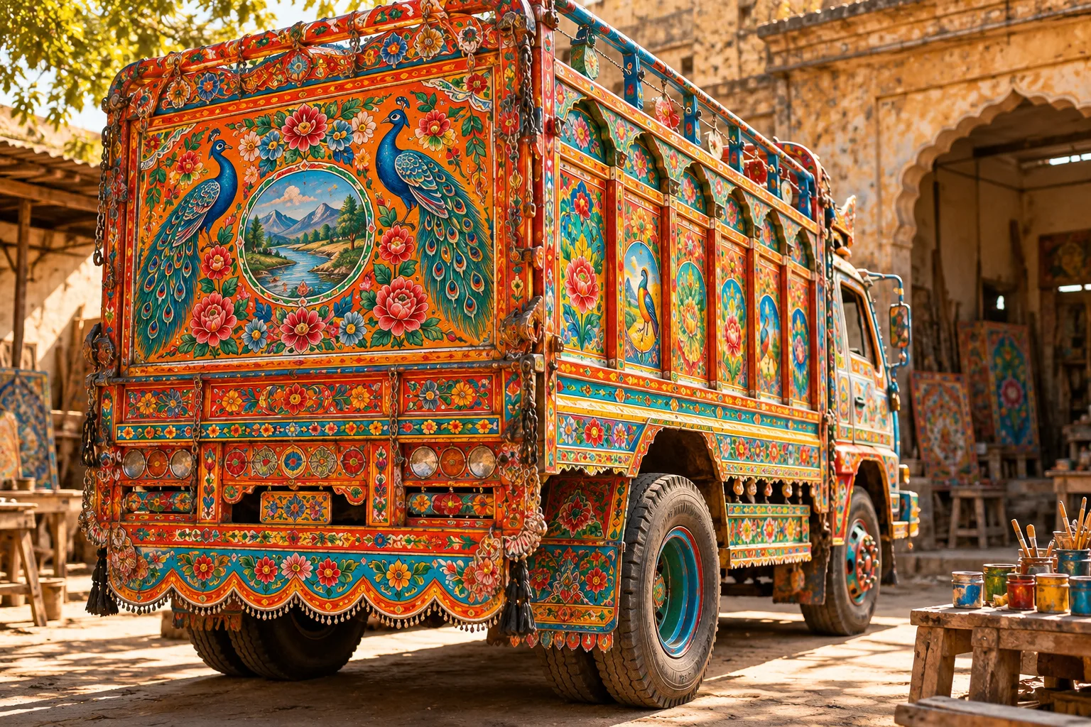 Illustration of a richly decorated Pakistani truck
